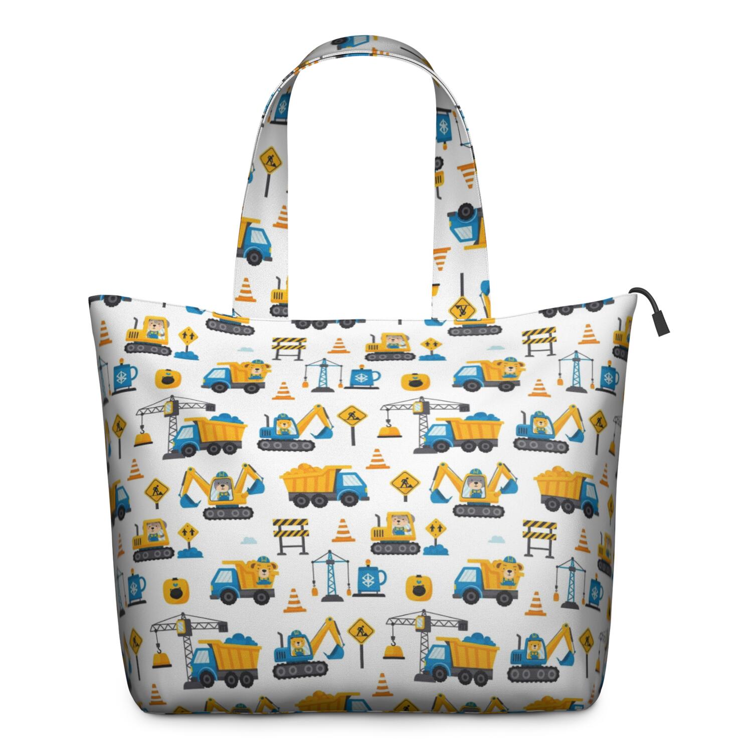 Cartoon Construction Vehicles Safety Signs Travel Tote Bags for Women Carry On,Large Weekender Bags for Women Travel,Multi Functional Duffle Bag for Work,Shopping,Sports