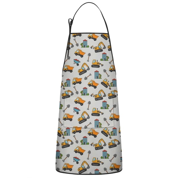 Cartoon Construction Vehicles Shovels Apron-Garden Aprons for Women with Pockets-Cotton Linen Waterproof Kitchen Cooking Gardening Aprons Adjustable for Kitchen,Cooking,BBQ and Salon 33x27 Inch