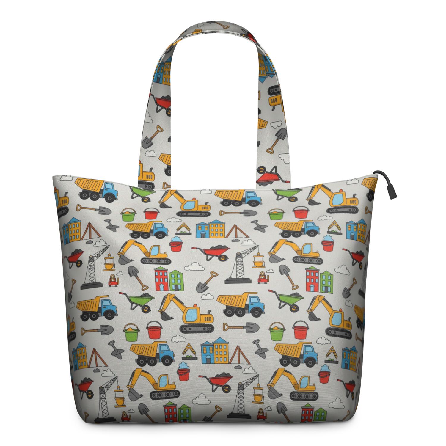 Cartoon Construction Vehicles Shovels Light Gray Pattern Travel Tote Bags for Women Carry On,Large Weekender Bags for Women Travel,Multi Functional Duffle Bag for Work,Shopping,Sports