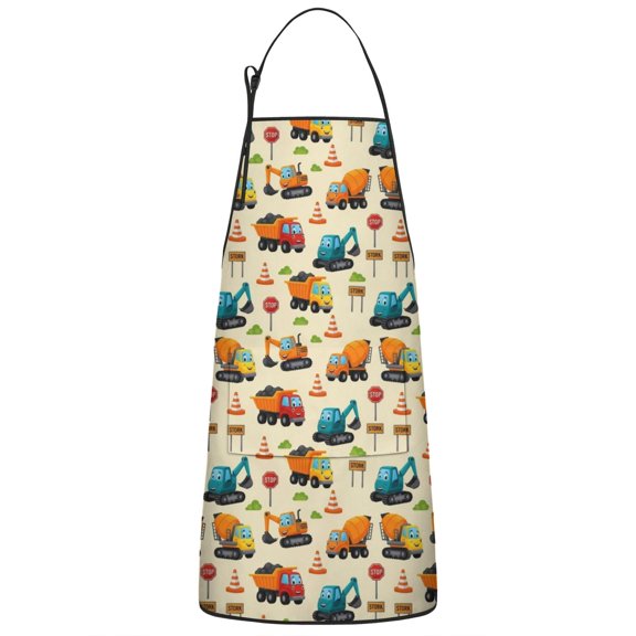 Cartoon Construction Vehicles Signs Beige Apron-Garden Aprons for Women with Pockets-Cotton Linen Waterproof Kitchen Cooking Gardening Aprons Adjustable for Kitchen,Cooking,BBQ and Salon 33x27 Inch