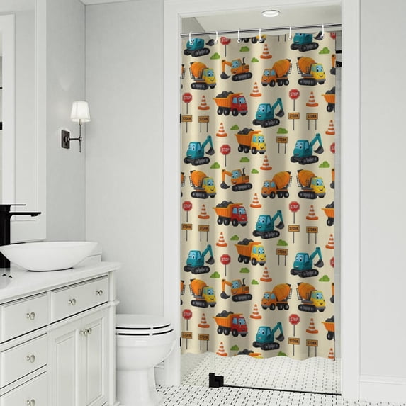 Cartoon Construction Vehicles Signs Beige Pattern Shower Curtain 36"x72" ,Bathroom Decorative Shower Curtains Set with 12 Hooks,Modern Waterproof Washable Shower Curtain