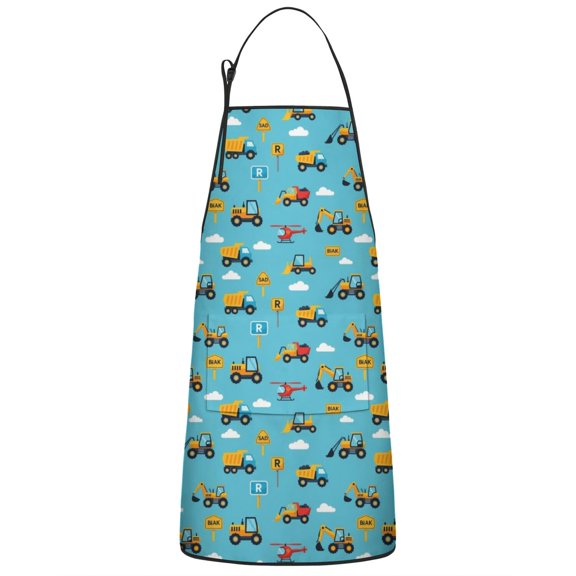 Cartoon Construction Vehicles Signs Blue Apron-Garden Aprons for Women with Pockets-Cotton Linen Waterproof Kitchen Cooking Gardening Aprons Adjustable for Kitchen,Cooking,BBQ and Salon 33x27 Inch