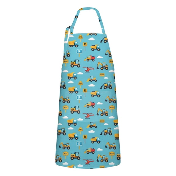 Cartoon Construction Vehicles Signs Blue Apron-Garden Aprons for Women with Pockets-Cotton Linen Waterproof Kitchen Cooking Gardening Aprons Adjustable for Kitchen,Cooking,BBQ and Salon 33x27 Inch