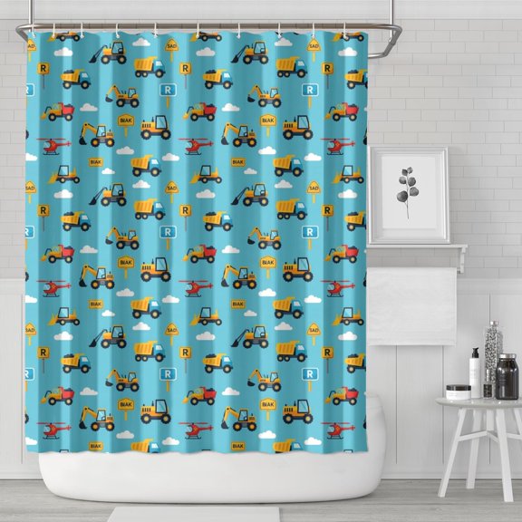 Cartoon Construction Vehicles Signs Blue Pattern Shower Curtain 72"x84" ,Bathroom Decorative Shower Curtains Set with 12 Hooks,Modern Waterproof Washable Shower Curtain