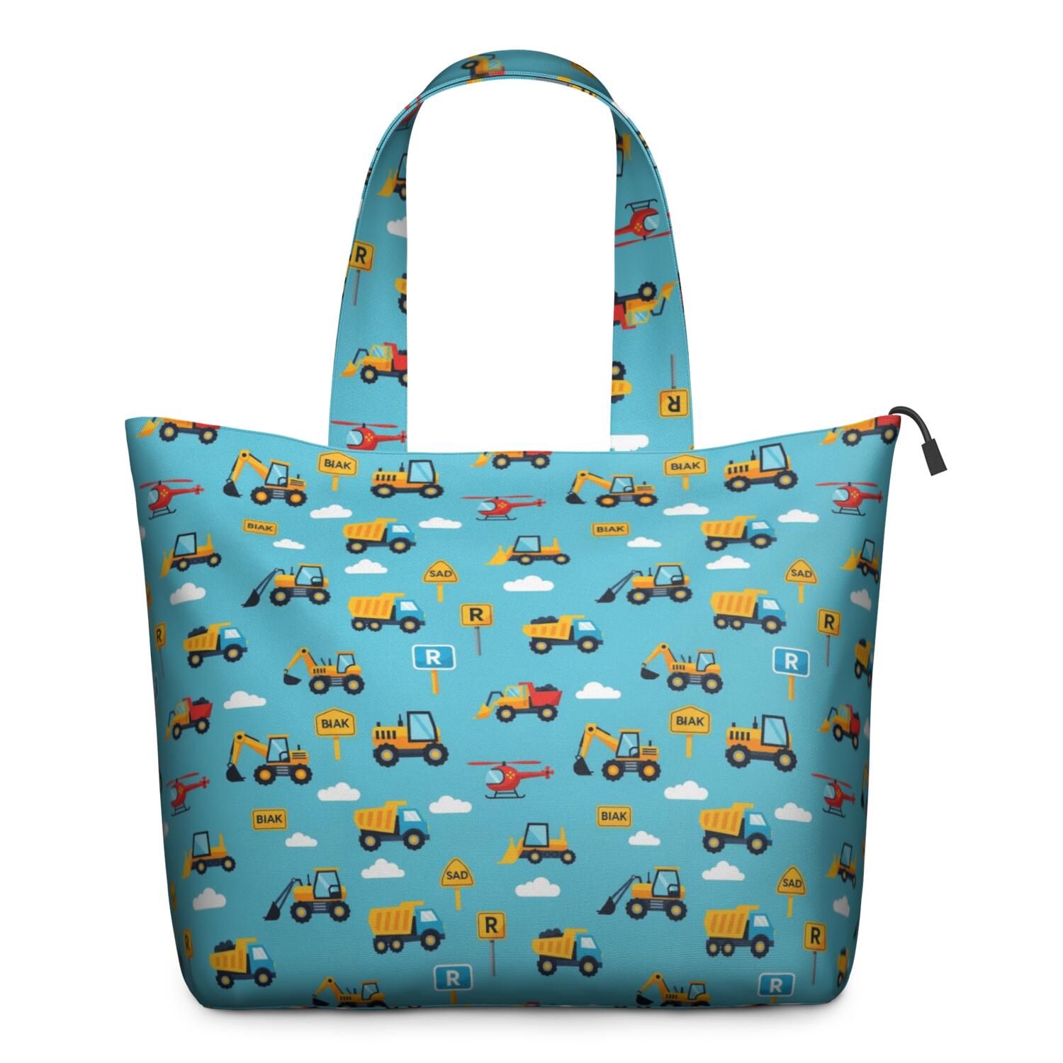 Cartoon Construction Vehicles Signs Blue Pattern Travel Tote Bags for Women Carry On,Large Weekender Bags for Women Travel,Multi Functional Duffle Bag for Work,Shopping,Sports