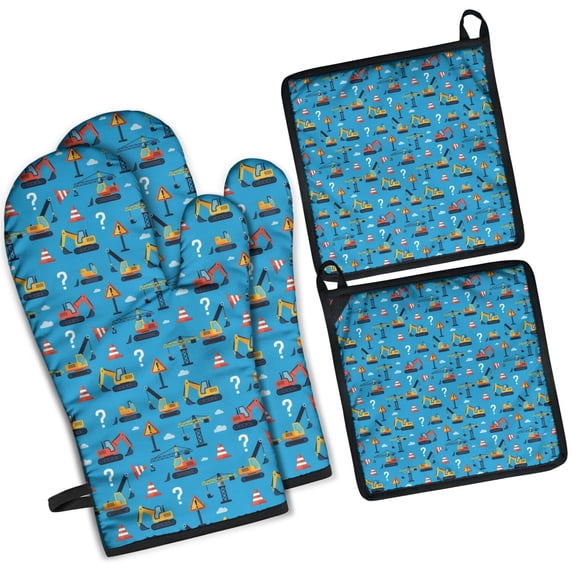 Cartoon Construction Vehicles Signs Kitchen Oven Mitt and Pot Holder Sets 4 Pcs for Baking, Cooking and Grilling, Heat Resistant Up To 392 °F