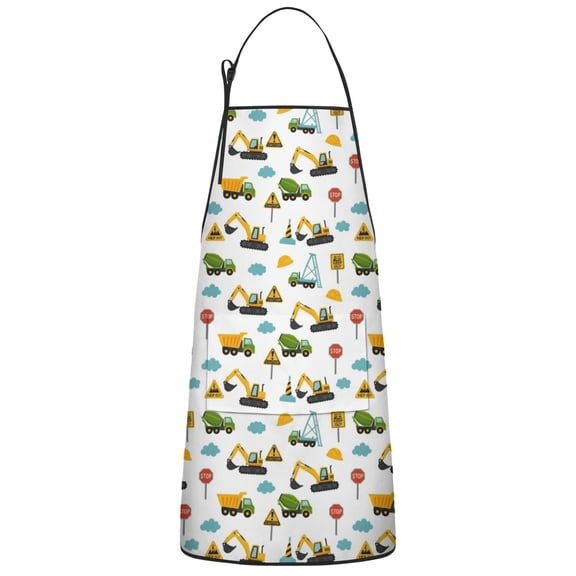Cartoon Construction Vehicles Signs White Apron-Garden Aprons for Women with Pockets-Cotton Linen Waterproof Kitchen Cooking Gardening Aprons Adjustable for Kitchen,Cooking,BBQ and Salon 33x27 Inch