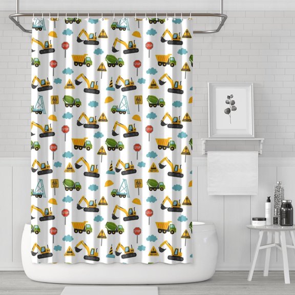 Cartoon Construction Vehicles Signs White Pattern Shower Curtain 72"x72" ,Bathroom Decorative Shower Curtains Set with 12 Hooks,Modern Waterproof Washable Shower Curtain