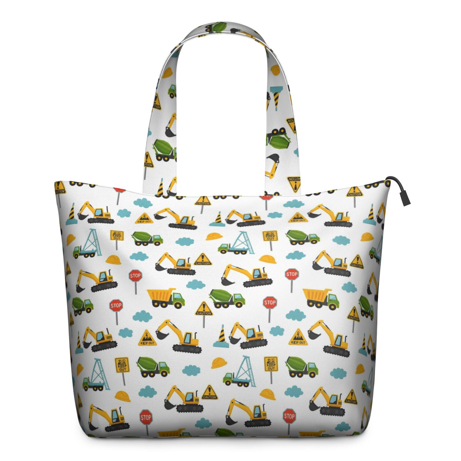 Cartoon Construction Vehicles Signs White Pattern Travel Tote Bags for Women Carry On,Large Weekender Bags for Women Travel,Multi Functional Duffle Bag for Work,Shopping,Sports