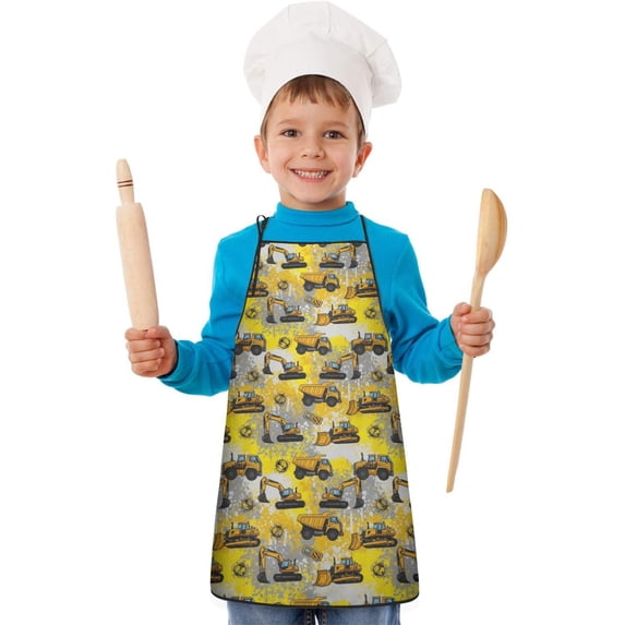 Cartoon Construction Vehicles Splashes Gray Pattern Kids Aprons for Girls and Boys,Adjustable Neck Strap Toddler Aprons for Kids Cooking Baking
