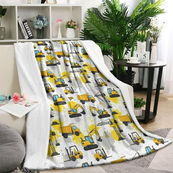 Cartoon Construction Vehicles Splashes White Pattern Blanket,Comfortable Soft Flannel Throw Blanket,All Season,Warm Lightweight Blankets for Sofa Bed Couch Living Room Chair,60"x80"