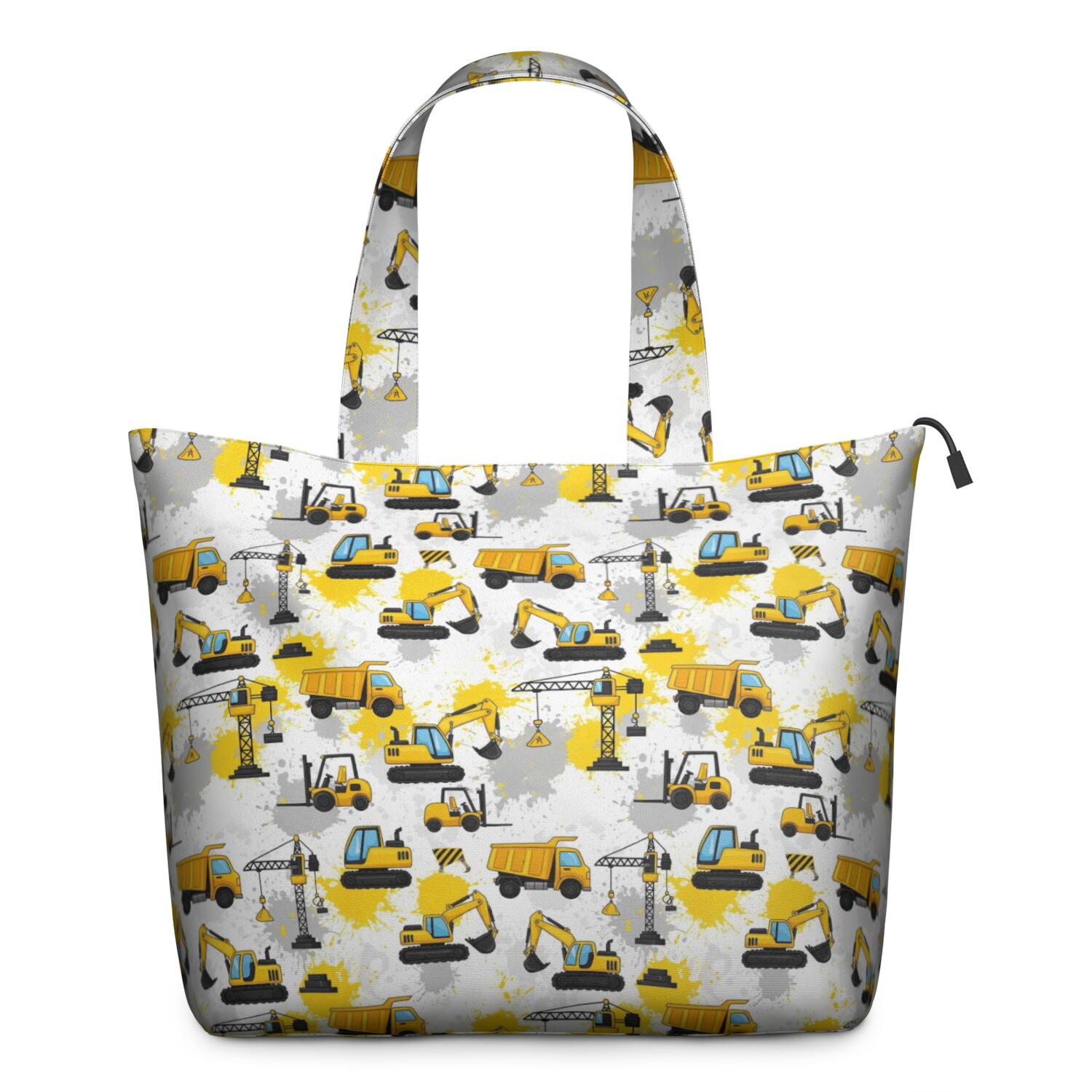 Cartoon Construction Vehicles Splashes White Pattern Travel Tote Bags for Women Carry On,Large Weekender Bags for Women Travel,Multi Functional Duffle Bag for Work,Shopping,Sports