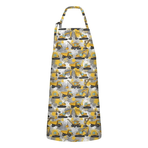 Cartoon Construction Vehicles Splatter Gray Apron-Garden Aprons for Women with Pockets-Cotton Linen Waterproof Kitchen Cooking Gardening Aprons Adjustable for Kitchen,Cooking,BBQ and Salon 33x27 Inch