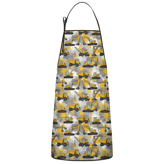 Cartoon Construction Vehicles Splatter Gray Apron-Garden Aprons for Women with Pockets-Cotton Linen Waterproof Kitchen Cooking Gardening Aprons Adjustable for Kitchen,Cooking,BBQ and Salon 33x27 Inch