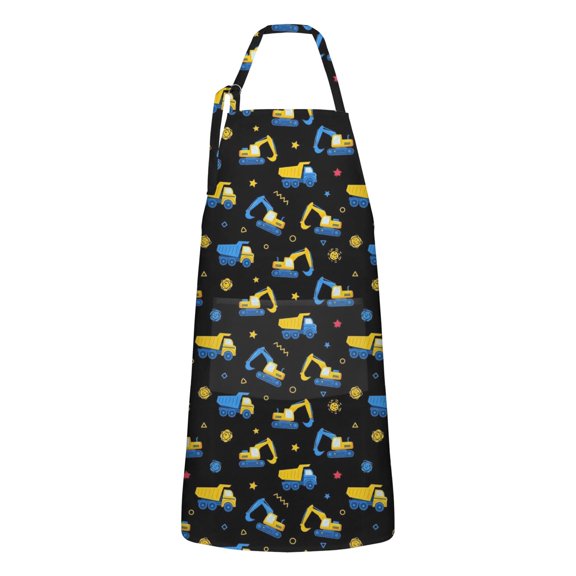 Cartoon Construction Vehicles Stars Black Apron-Garden Aprons for Women with Pockets-Cotton Linen Waterproof Kitchen Cooking Gardening Aprons Adjustable for Kitchen,Cooking,BBQ and Salon 33x27 Inch