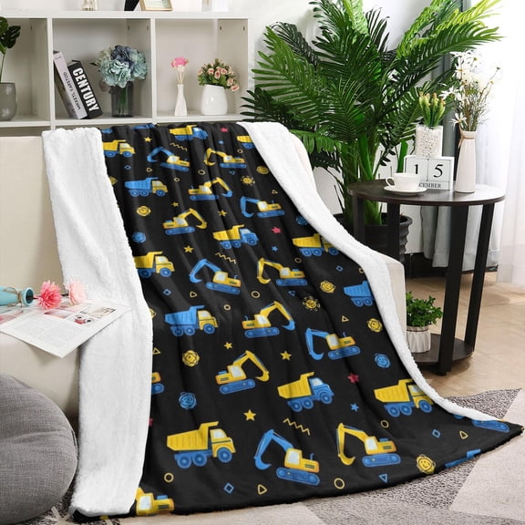 Cartoon Construction Vehicles Stars Black Pattern Blanket,Comfortable Soft Flannel Throw Blanket,All Season,Warm Lightweight Blankets for Sofa Bed Couch Living Room Chair,40"x50"