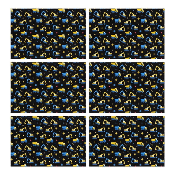 Cartoon Construction Vehicles Stars Black Pattern Summer Placemats Table Placemats Set Of 6-Linen Kitchen Washable Placemats Table Mats 11.8"x17.7" Non-Slip Heat Resistant