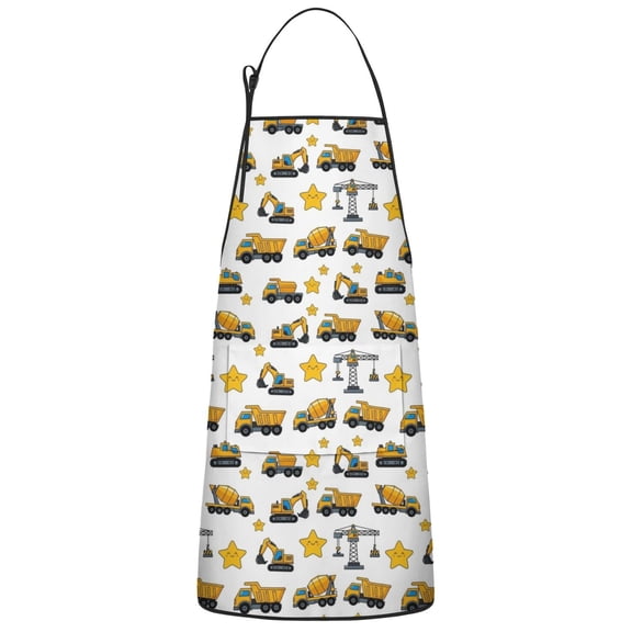 Cartoon Construction Vehicles Stars White Apron-Garden Aprons for Women with Pockets-Cotton Linen Waterproof Kitchen Cooking Gardening Aprons Adjustable for Kitchen,Cooking,BBQ and Salon 33x27 Inch