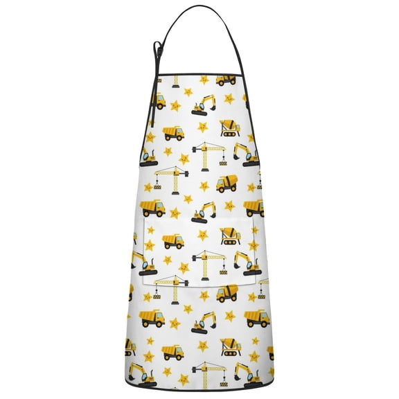 Cartoon Construction Vehicles Stars White Apron-Garden Aprons for Women with Pockets-Cotton Linen Waterproof Kitchen Cooking Gardening Aprons Adjustable for Kitchen,Cooking,BBQ and Salon 33x27 Inch