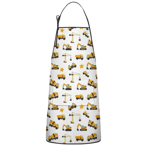Cartoon Construction Vehicles Stars White Apron-Garden Aprons for Women with Pockets-Cotton Linen Waterproof Kitchen Cooking Gardening Aprons Adjustable for Kitchen,Cooking,BBQ and Salon 33x27 Inch