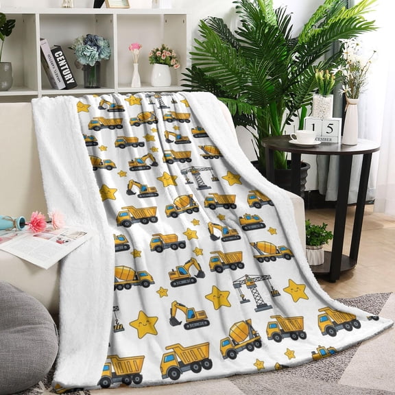 Cartoon Construction Vehicles Stars White Pattern Blanket,Comfortable Soft Flannel Throw Blanket,All Season,Warm Lightweight Blankets for Sofa Bed Couch Living Room Chair,40"x50"