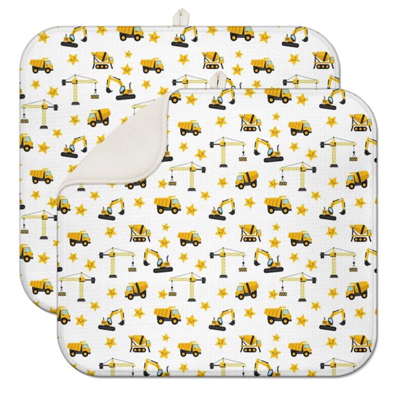 Cartoon Construction Vehicles Stars White Pattern Dish Drying Mat for Kitchen 1 Pack, Ultra Absorbent Microfiber Dishes Drainer Mats,16"x18"