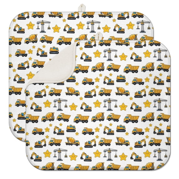 Cartoon Construction Vehicles Stars White Pattern Dish Drying Mat for Kitchen 1 Pack, Ultra Absorbent Microfiber Dishes Drainer Mats,16"x18"