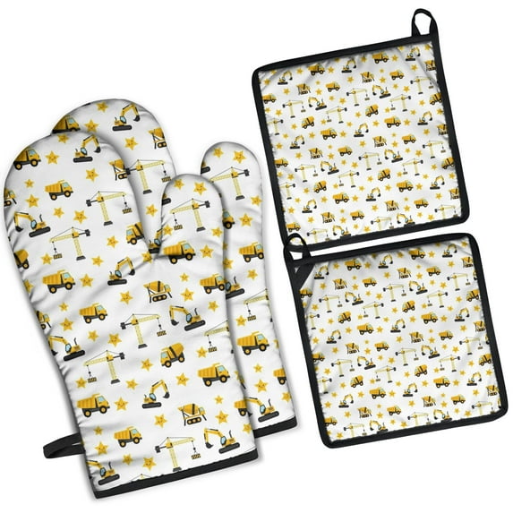 Cartoon Construction Vehicles Stars White Pattern Kitchen Oven Mitt and Pot Holder Sets 4 Pcs for Baking, Cooking and Grilling, Heat Resistant Up To 392 °F