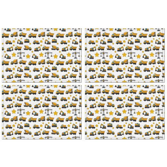Cartoon Construction Vehicles Stars White Pattern Summer Placemats Table Placemats Set Of 4-Linen Kitchen Washable Placemats Table Mats 11.8"x17.7" Non-Slip Heat Resistant