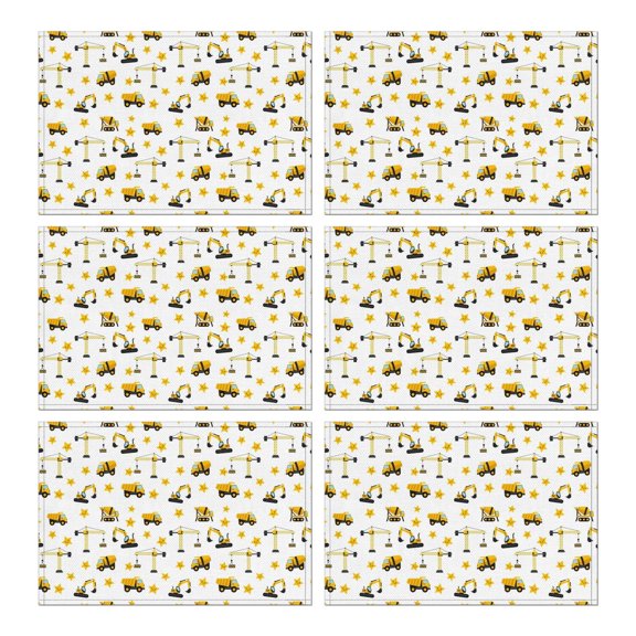 Cartoon Construction Vehicles Stars White Pattern Summer Placemats Table Placemats Set Of 6-Linen Kitchen Washable Placemats Table Mats 11.8"x17.7" Non-Slip Heat Resistant