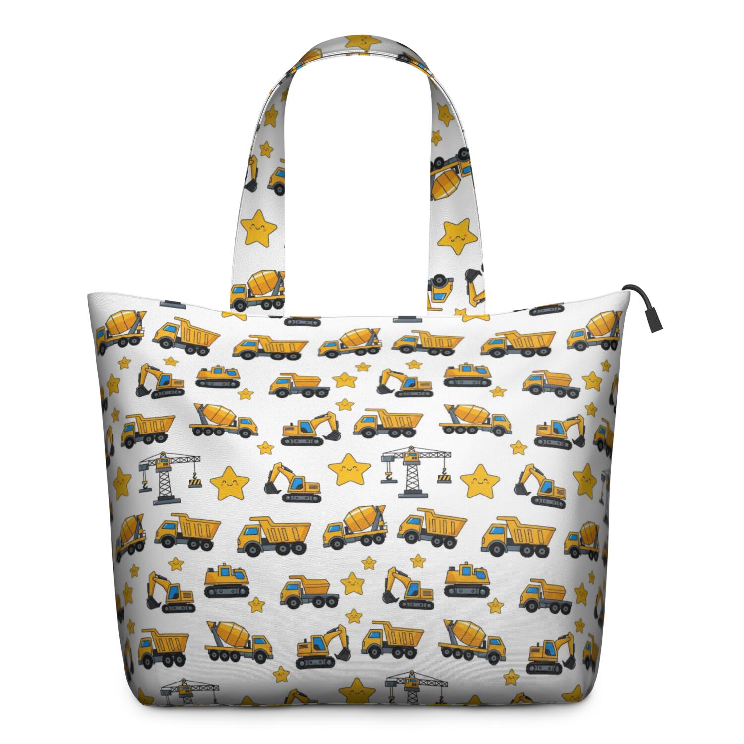 Cartoon Construction Vehicles Stars White Pattern Travel Tote Bags for Women Carry On,Large Weekender Bags for Women Travel,Multi Functional Duffle Bag for Work,Shopping,Sports