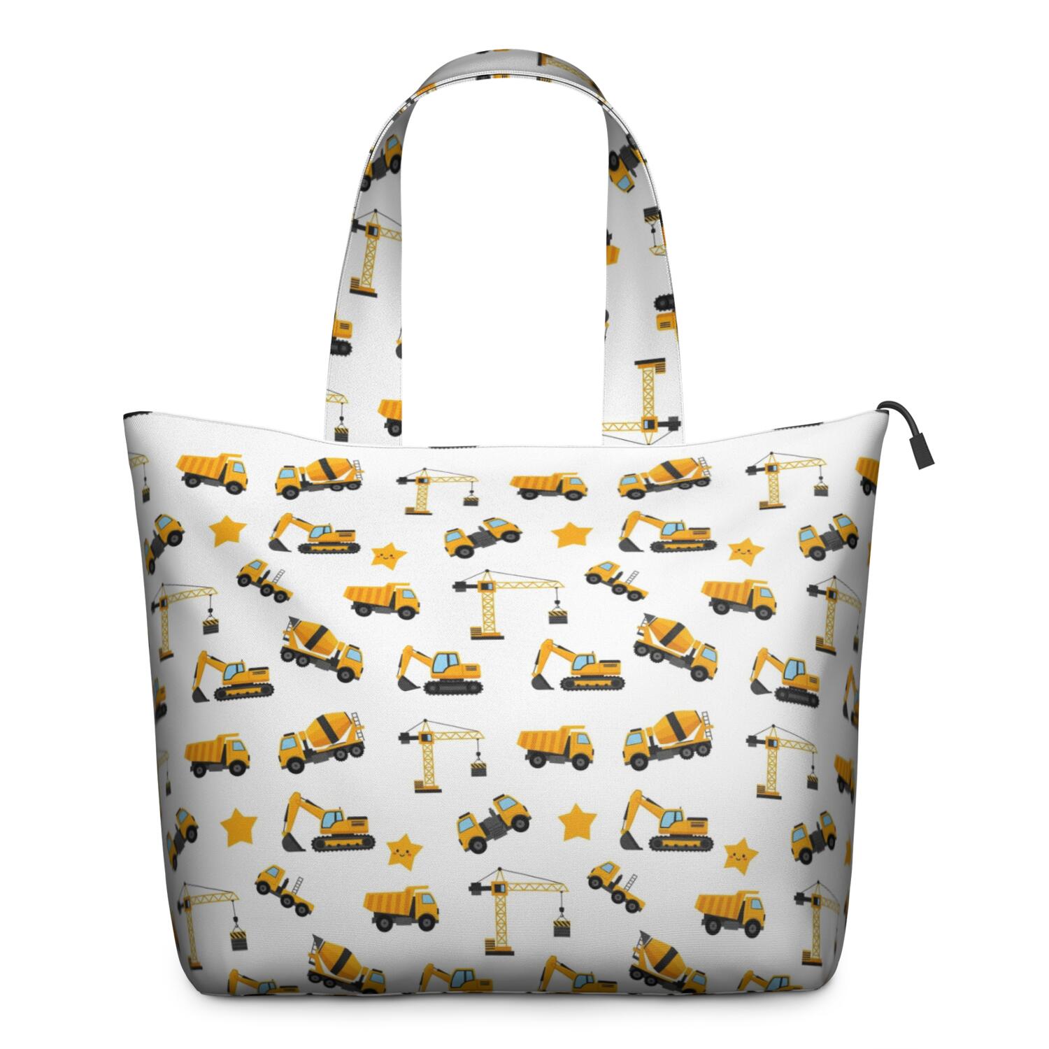 Cartoon Construction Vehicles Stars White Pattern Travel Tote Bags for Women Carry On,Large Weekender Bags for Women Travel,Multi Functional Duffle Bag for Work,Shopping,Sports