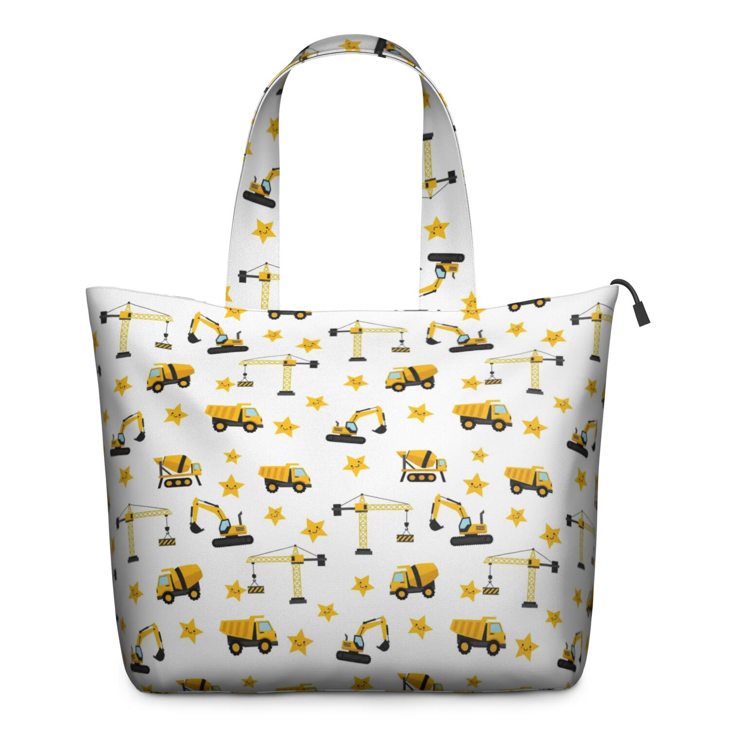 Cartoon Construction Vehicles Stars White Pattern Travel Tote Bags for Women Carry On,Large Weekender Bags for Women Travel,Multi Functional Duffle Bag for Work,Shopping,Sports