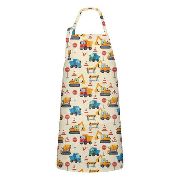 Cartoon Construction Vehicles Stop Signs Apron-Garden Aprons for Women with Pockets-Cotton Linen Waterproof Kitchen Cooking Gardening Aprons Adjustable for Kitchen,Cooking,BBQ and Salon 33x27 Inch