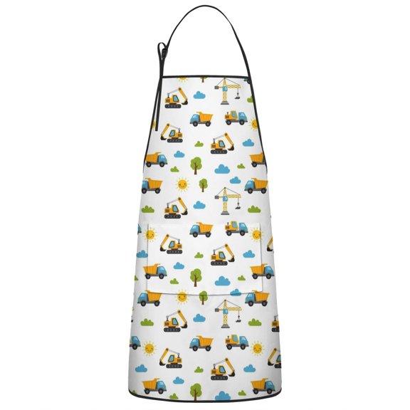 Cartoon Construction Vehicles Sun Clouds Apron-Garden Aprons for Women with Pockets-Cotton Linen Waterproof Kitchen Cooking Gardening Aprons Adjustable for Kitchen,Cooking,BBQ and Salon 33x27 Inch