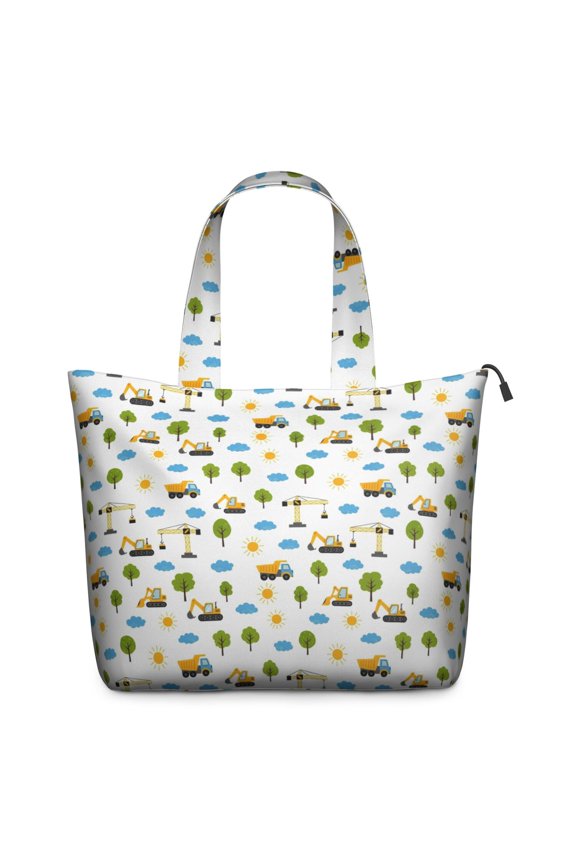 Cartoon Construction Vehicles Suns White Pattern Travel Tote Bags for Women Carry On,Large Weekender Bags for Women Travel,Multi Functional Duffle Bag for Work,Shopping,Sports