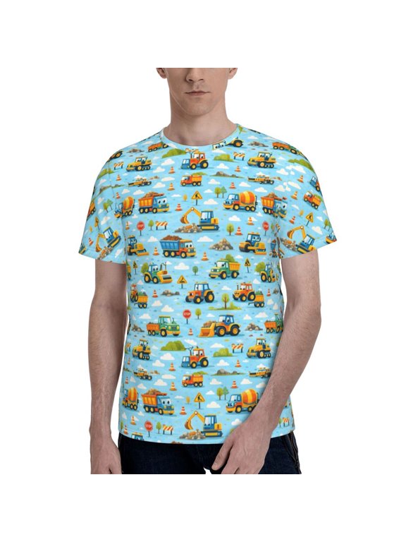 Cartoon Construction Vehicles T-Shirt Crew Neck Short Sleeve Full-Print for Men