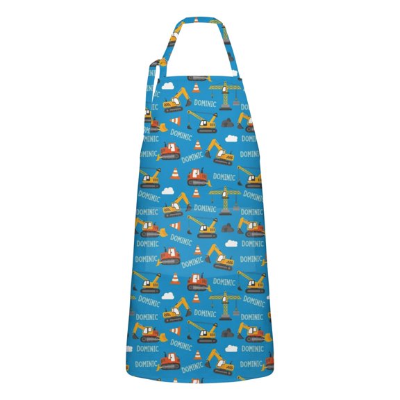 Cartoon Construction Vehicles Text Blue Apron-Garden Aprons for Women with Pockets-Cotton Linen Waterproof Kitchen Cooking Gardening Aprons Adjustable for Kitchen,Cooking,BBQ and Salon 33x27 Inch