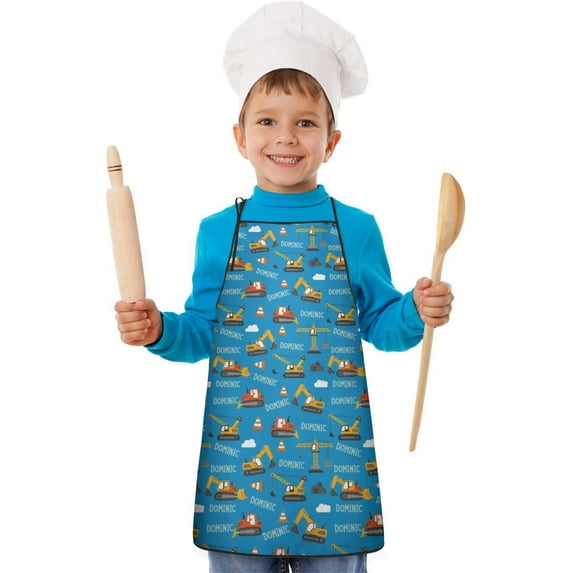 Cartoon Construction Vehicles Text Blue Pattern Kids Aprons for Girls and Boys,Adjustable Neck Strap Toddler Aprons for Kids Cooking Baking