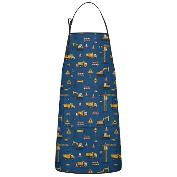 Cartoon Construction Vehicles Traffic Cones Apron-Garden Aprons for Women with Pockets-Cotton Linen Waterproof Kitchen Cooking Gardening Aprons Adjustable for Kitchen,Cooking,BBQ and Salon 33x27 Inch