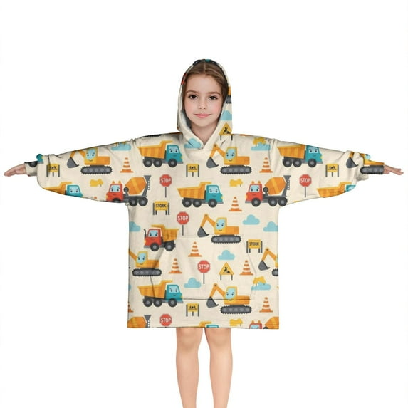 Cartoon Construction Vehicles Traffic Cones Blanket Hoodies for Kids 6-13YR Oversize Wearable Blanket Hoodies for Boys Girls Teens