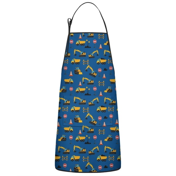 Cartoon Construction Vehicles Traffic Signs Apron-Garden Aprons for Women with Pockets-Cotton Linen Waterproof Kitchen Cooking Gardening Aprons Adjustable for Kitchen,Cooking,BBQ and Salon 33x27 Inch