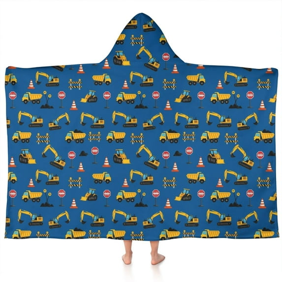 Cartoon Construction Vehicles Traffic Signs Hooded Bath Towel,60"x35" for Ages 3 To 12 Kids, Quick Dry Lightweight Soft Microfiber Hood Beach Towel Cover Up for Kids