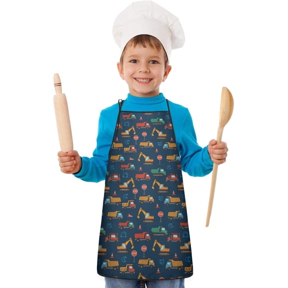 Cartoon Construction Vehicles Traffic Signs Kids Aprons for Girls and Boys,Adjustable Neck Strap Toddler Aprons for Kids Cooking Baking