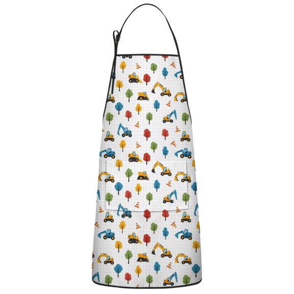 Cartoon Construction Vehicles Trees Apron-Garden Aprons for Women with Pockets-Cotton Linen Waterproof Kitchen Cooking Gardening Aprons Adjustable for Kitchen,Cooking,BBQ and Salon 33x27 Inch