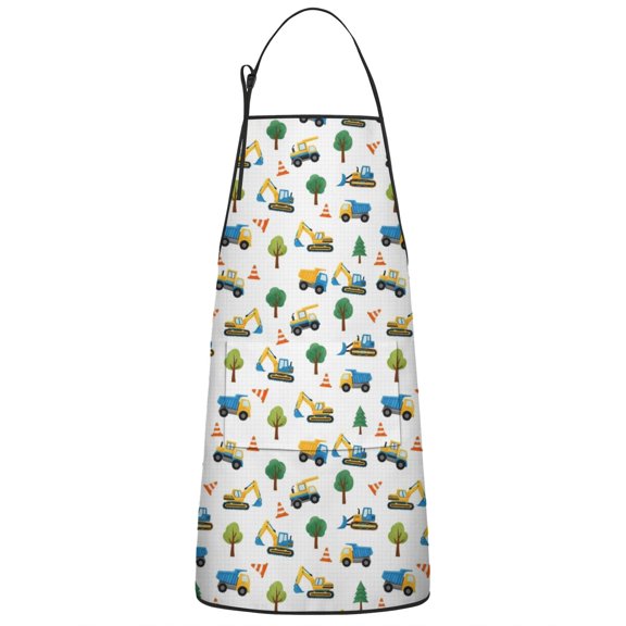 Cartoon Construction Vehicles Trees Apron-Garden Aprons for Women with Pockets-Cotton Linen Waterproof Kitchen Cooking Gardening Aprons Adjustable for Kitchen,Cooking,BBQ and Salon 33x27 Inch