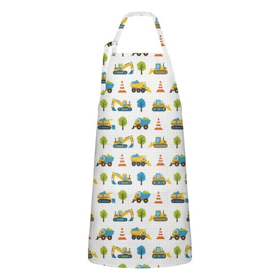 Cartoon Construction Vehicles Trees Apron-Garden Aprons for Women with Pockets-Cotton Linen Waterproof Kitchen Cooking Gardening Aprons Adjustable for Kitchen,Cooking,BBQ and Salon 33x27 Inch