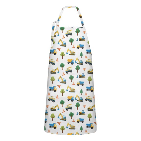 Cartoon Construction Vehicles Trees Apron-Garden Aprons for Women with Pockets-Cotton Linen Waterproof Kitchen Cooking Gardening Aprons Adjustable for Kitchen,Cooking,BBQ and Salon 33x27 Inch