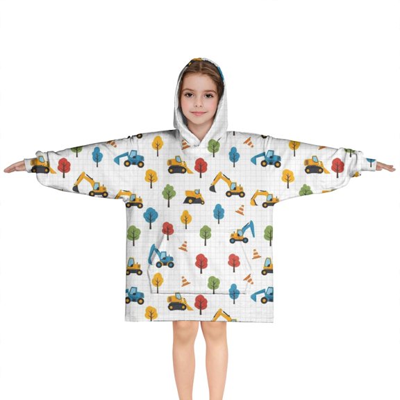 Cartoon Construction Vehicles Trees Blanket Hoodies for Kids 6-13YR Oversize Wearable Blanket Hoodies for Boys Girls Teens