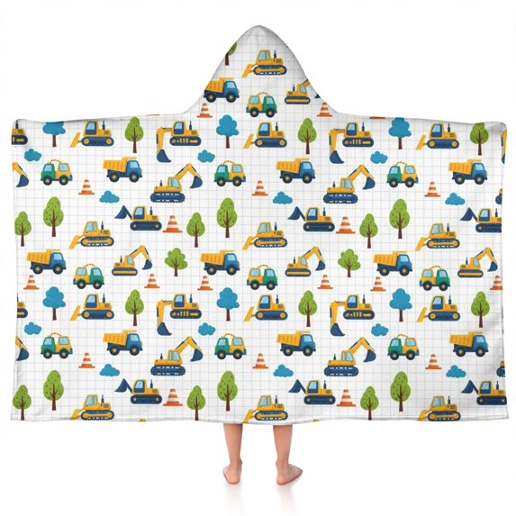 Cartoon Construction Vehicles Trees Hooded Bath Towel,50"x30" for Ages 3 To 12 Kids, Quick Dry Lightweight Soft Microfiber Hood Beach Towel Cover Up for Kids